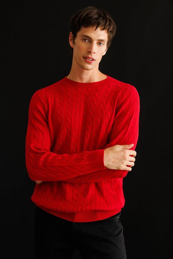 Erkek Sıfır Yaka Saç Örgülü Kazak K.Kırmızı