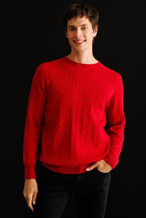 Erkek Sıfır Yaka Saç Örgülü Kazak K.Kırmızı