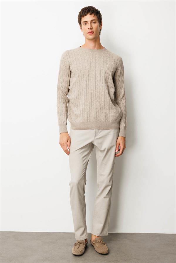 Erkek Sıfır Yaka Saç Örgülü Kazak Vizon