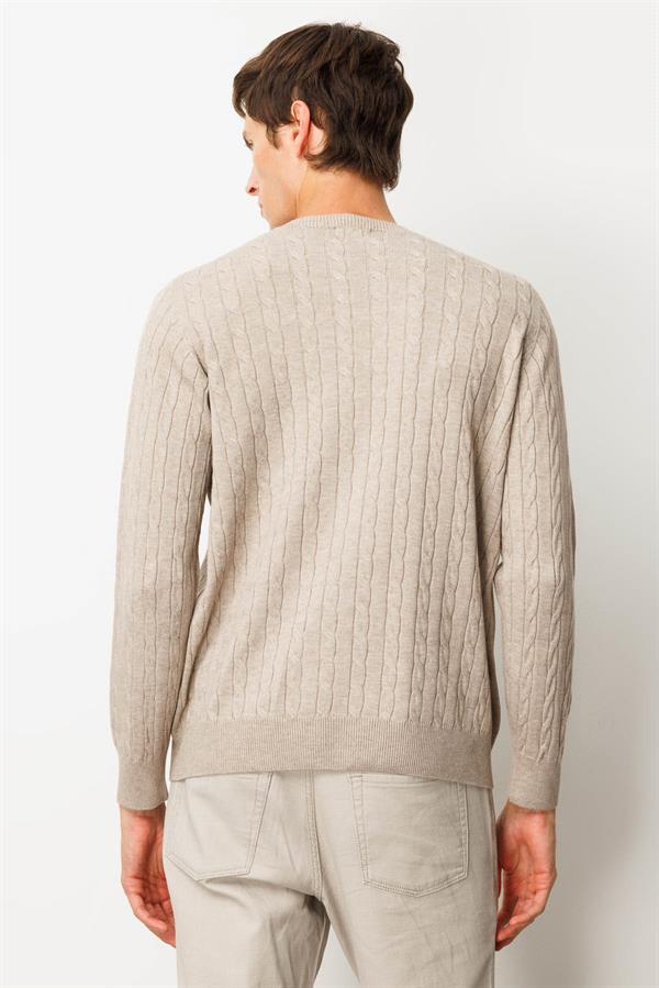 Erkek Sıfır Yaka Saç Örgülü Kazak Vizon