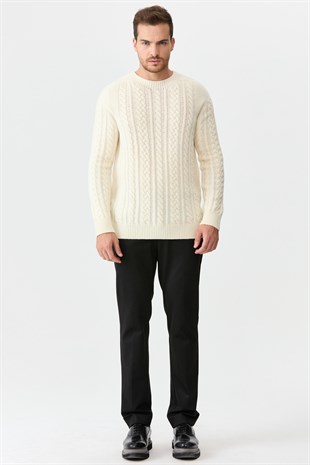 Мужской вязаный шерстяной свитер с круглым вырезом цвет кости