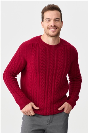Мужской вязаный шерстяной свитер с круглым вырезом, вишневый 