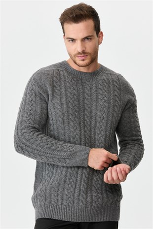 Мужской вязаный шерстяной свитер с круглым вырезом Копченый