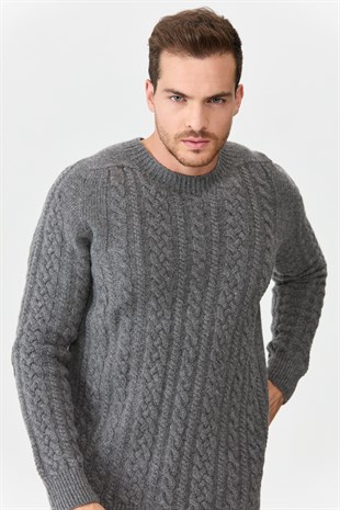 Мужской вязаный шерстяной свитер с круглым вырезом Копченый