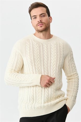 Мужской вязаный шерстяной свитер с круглым вырезом цвет кости
