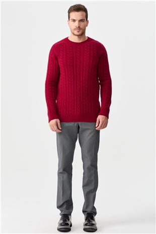 Мужской вязаный шерстяной свитер с круглым вырезом, вишневый 