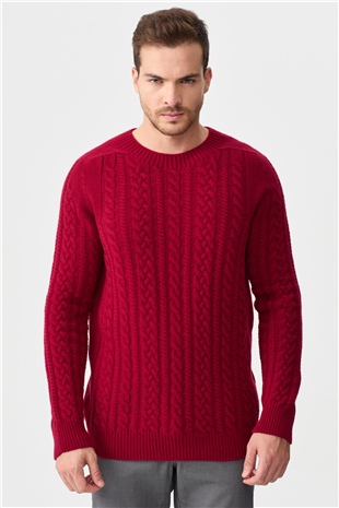 Мужской вязаный шерстяной свитер с круглым вырезом, вишневый 