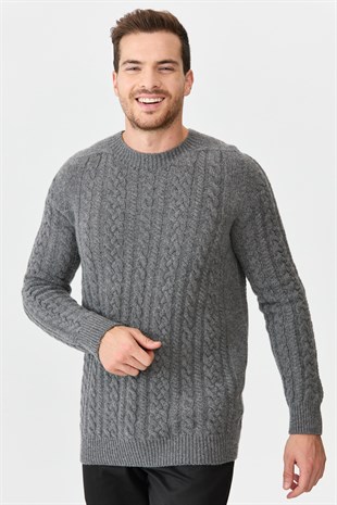 Мужской вязаный шерстяной свитер с круглым вырезом Копченый