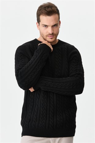 Мужской вязаный шерстяной свитер с круглым вырезом Черный