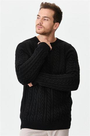 Мужской вязаный шерстяной свитер с круглым вырезом Черный
