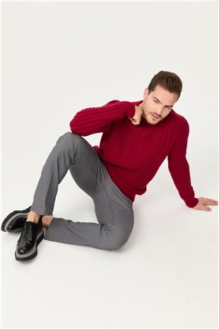 Мужской вязаный шерстяной свитер с круглым вырезом, вишневый 