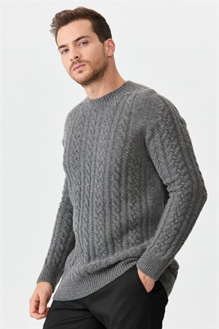 Мужской вязаный шерстяной свитер с круглым вырезом Копченый