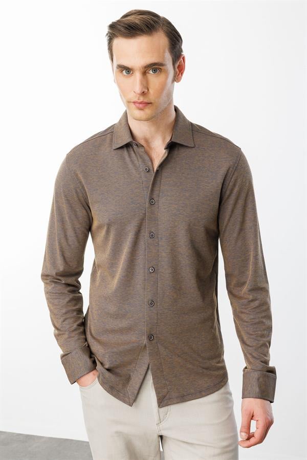 Erkek Uzun Kol Manşetli Gömlek Kahve