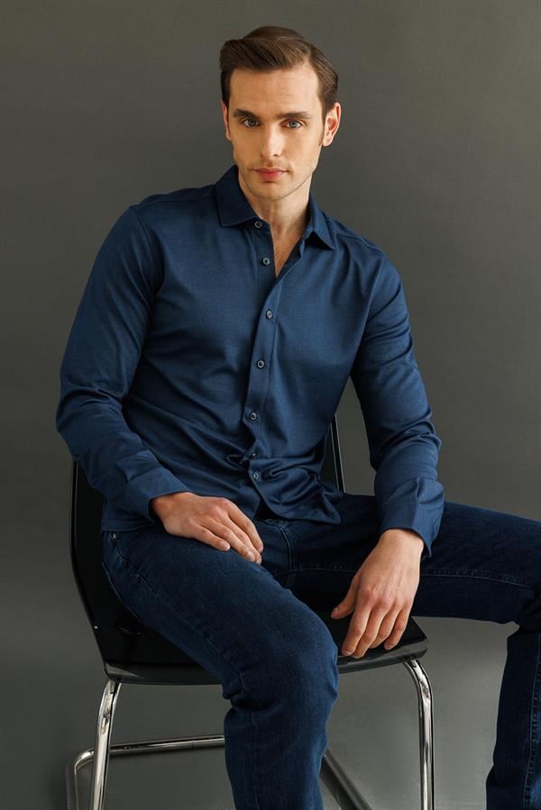 Erkek Uzun Kol Manşetli Gömlek Petrol