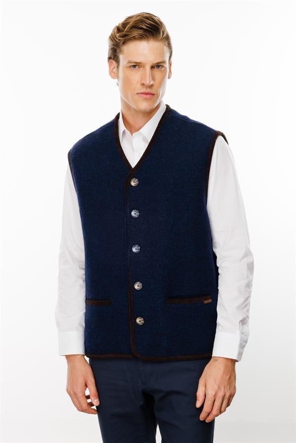 Erkek V Yaka Astarı Desenli Yün Yelek Y.A Lacivert