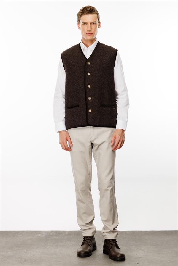 Erkek V Yaka Astarı Desenli Yün Yelek Kahve