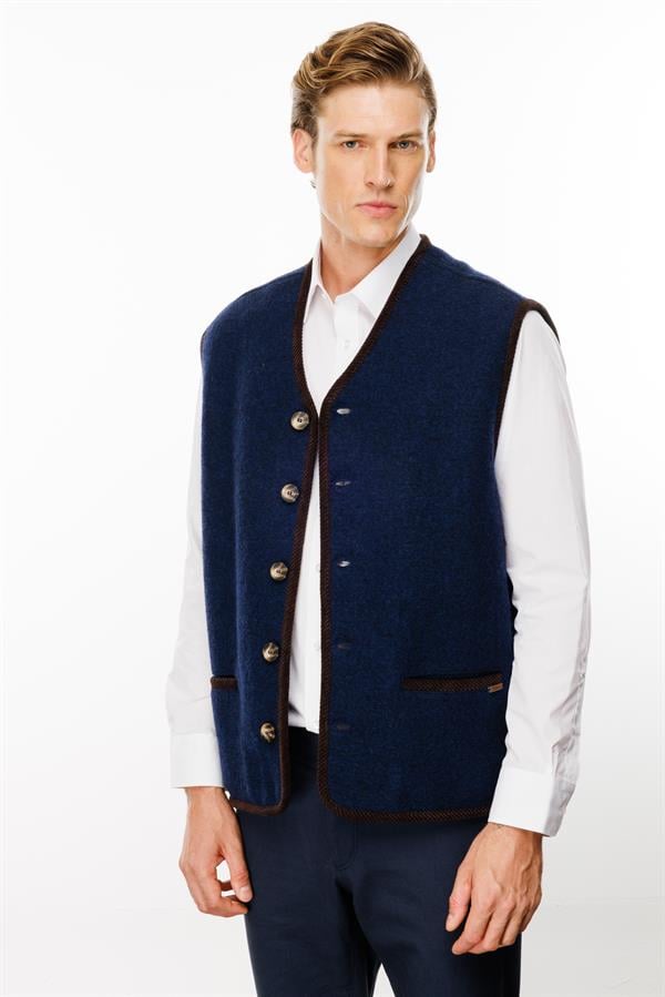 Erkek V Yaka Astarı Desenli Yün Yelek Y.A Lacivert