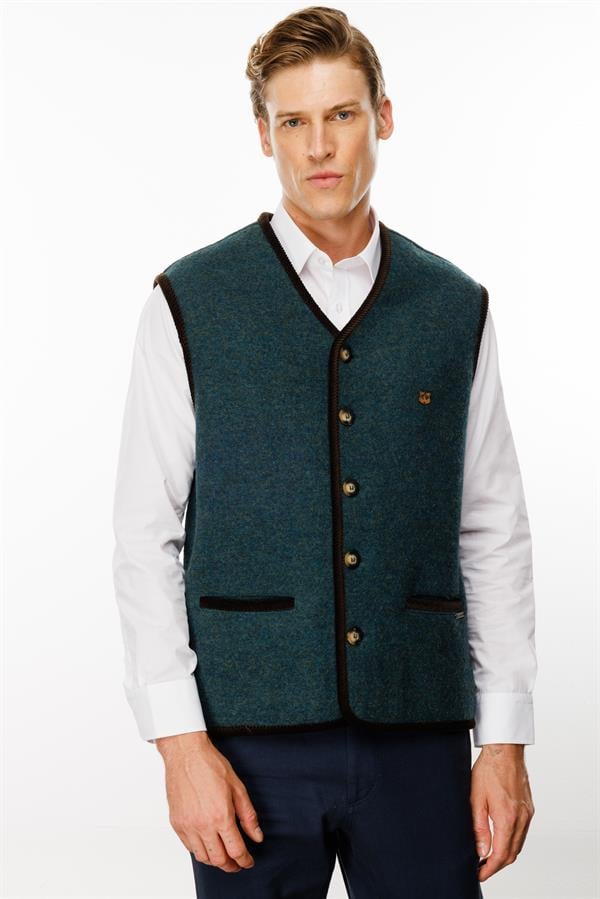 Erkek V Yaka Astarı Desenli Yün Yelek Yeşil