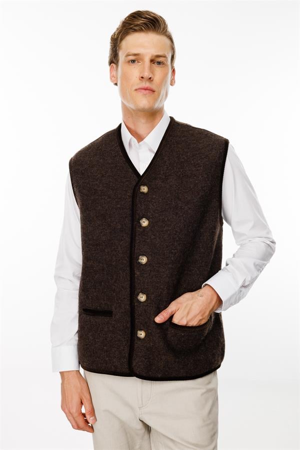 Erkek V Yaka Astarı Desenli Yün Yelek Kahve