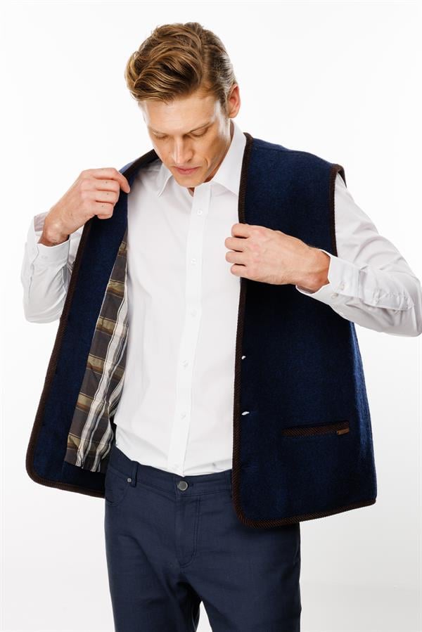 Erkek V Yaka Astarı Desenli Yün Yelek Y.A Lacivert