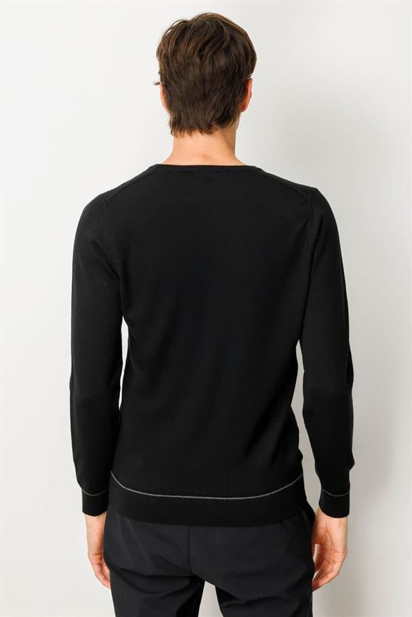 Erkek V Yaka Çizgili Baklavalı Yün Kazak Siyah