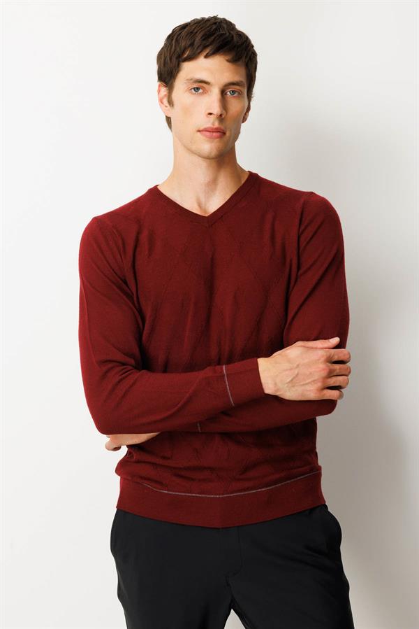 Erkek V Yaka Çizgili Baklavalı Yün Kazak Bordo