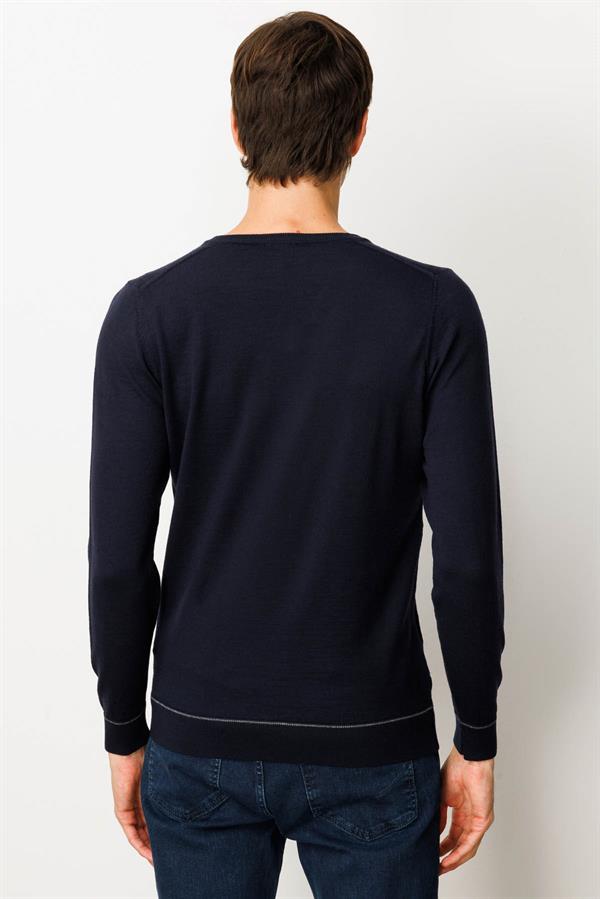 Erkek V Yaka Çizgili Baklavalı Yün Kazak K.Lacivert