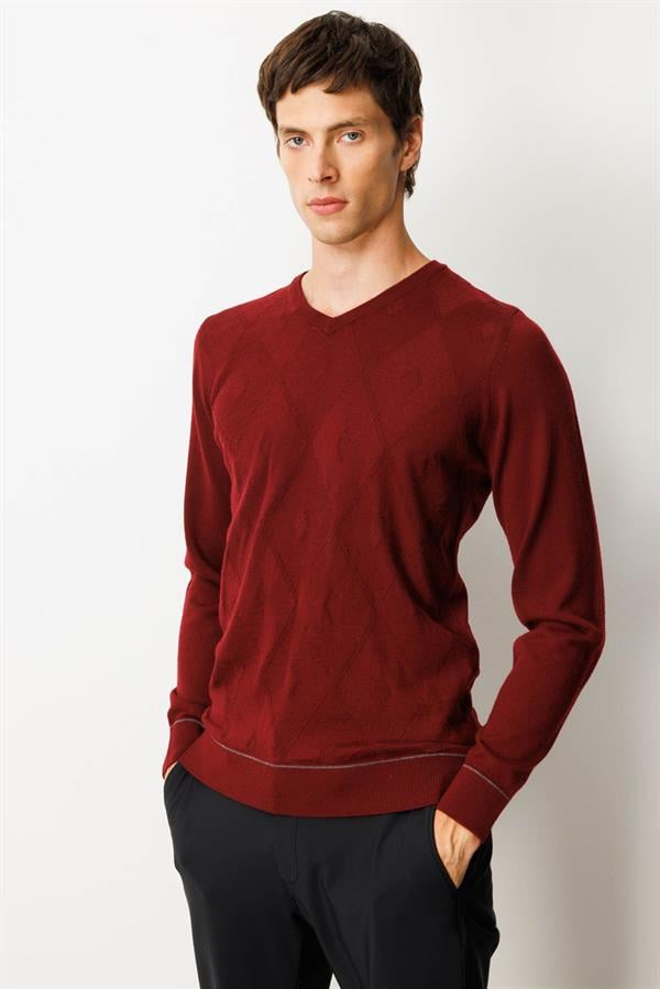 Erkek V Yaka Çizgili Baklavalı Yün Kazak Bordo