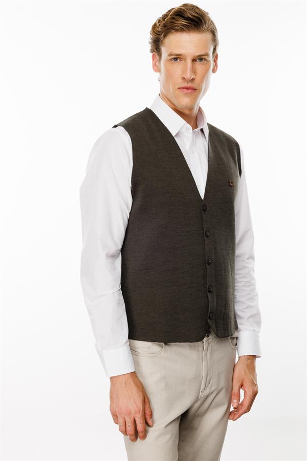 Erkek V Yaka Düz Yün Yelek A.Kahve