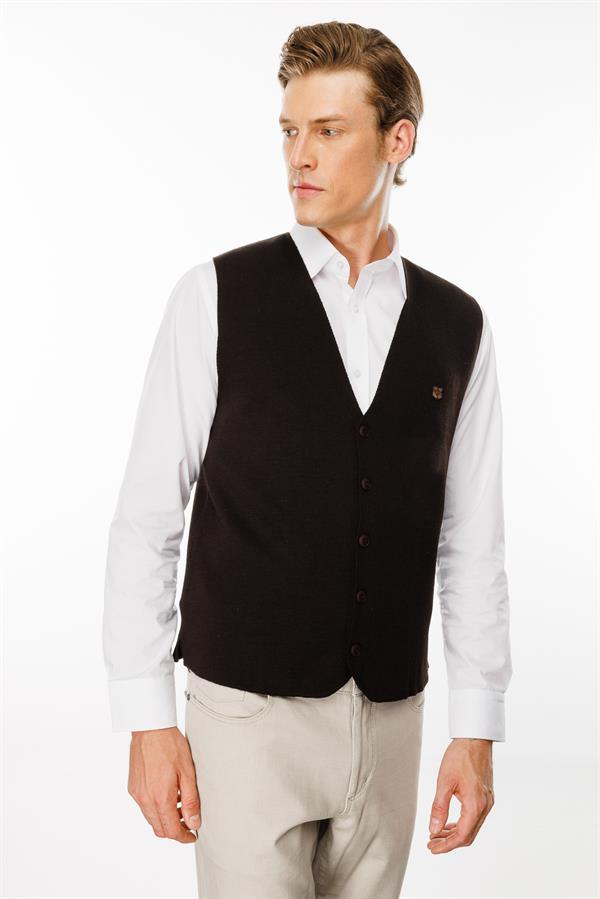 Erkek V Yaka Düz Yün Yelek K.Kahve