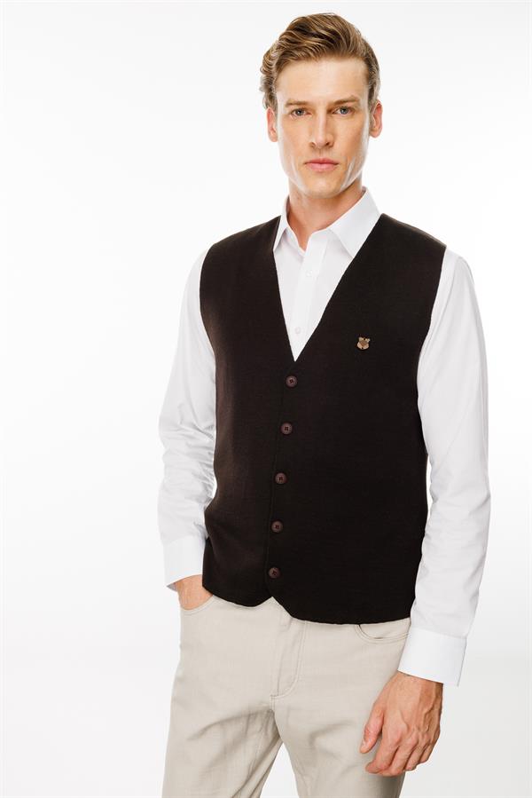 Erkek V Yaka Düz Yün Yelek K.Kahve