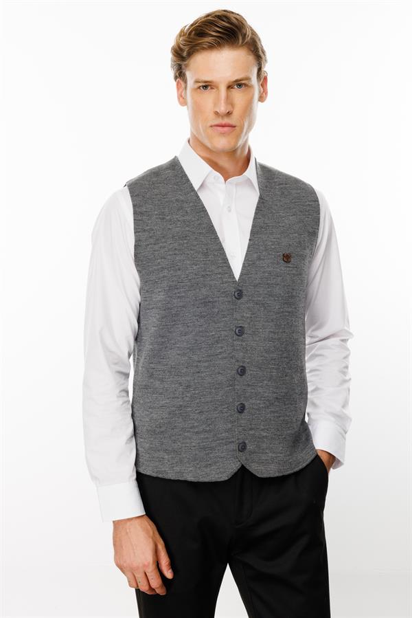 Erkek V Yaka Düz Yün Yelek O.Gri