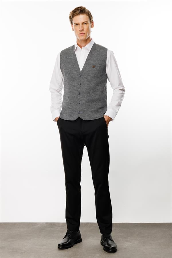 Erkek V Yaka Düz Yün Yelek O.Gri