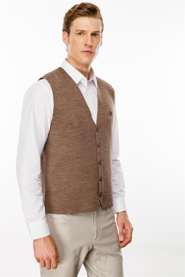 Erkek V Yaka Düz Yün Yelek S.Kahve