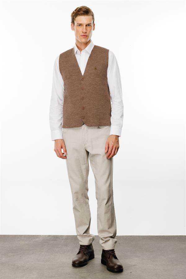 Erkek V Yaka Düz Yün Yelek S.Kahve