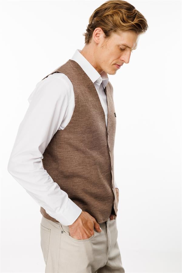 Erkek V Yaka Düz Yün Yelek S.Kahve