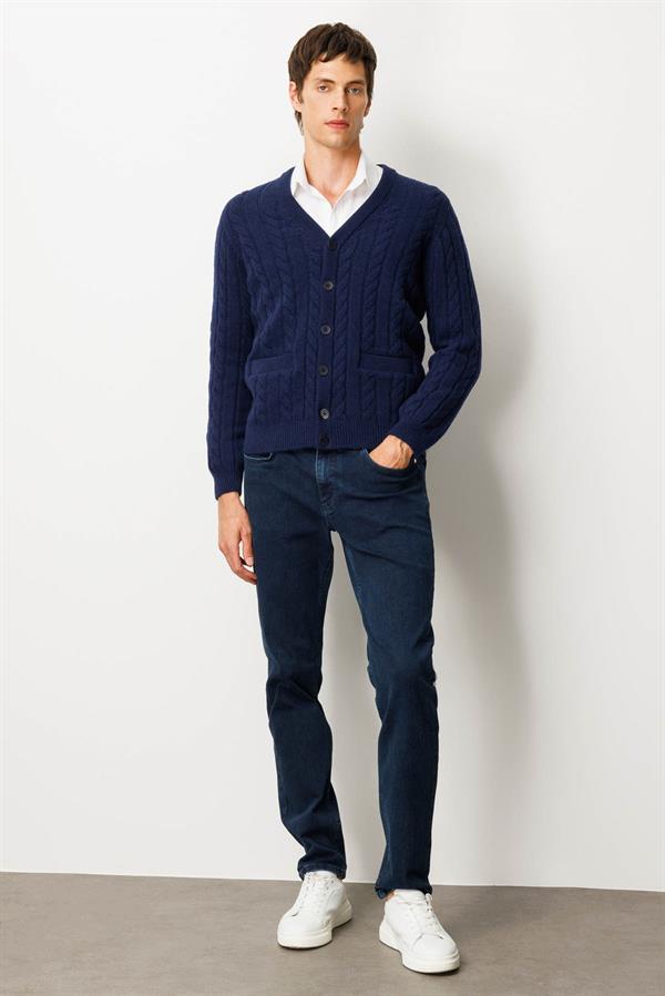 Erkek V Yaka Kalın Saç Örgülü Yün Ceket Y.A.Lacivert