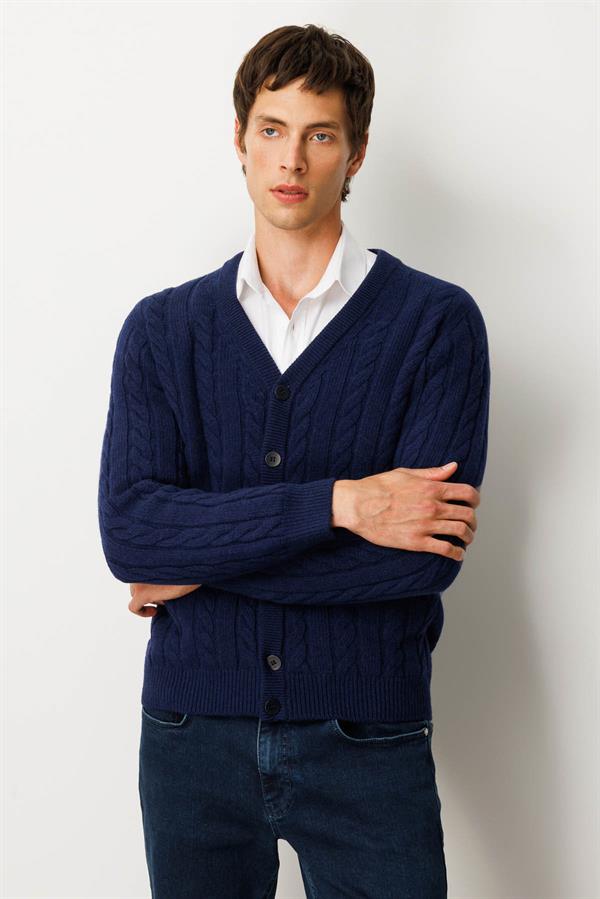 Erkek V Yaka Kalın Saç Örgülü Yün Ceket Y.A.Lacivert