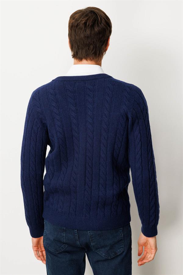 Erkek V Yaka Kalın Saç Örgülü Yün Ceket Y.A.Lacivert