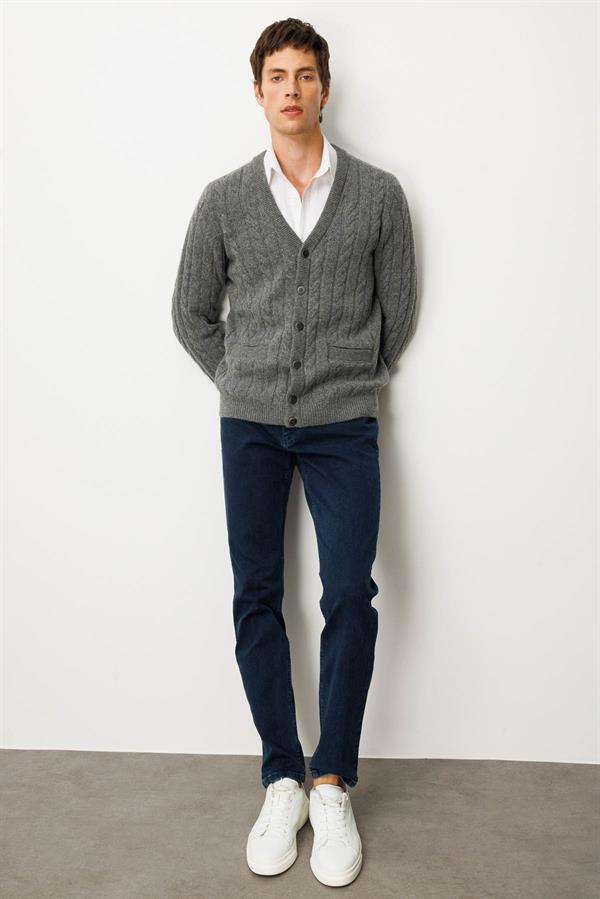 Erkek V Yaka Kalın Saç Örgülü Yün Ceket Füme