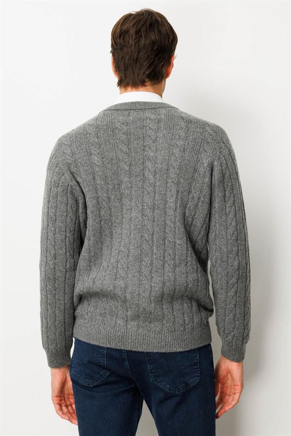 Erkek V Yaka Kalın Saç Örgülü Yün Ceket Füme