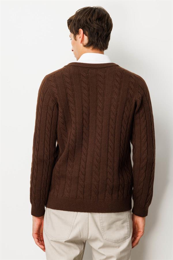 Erkek V Yaka Kalın Saç Örgülü Yün Ceket M.Kahve