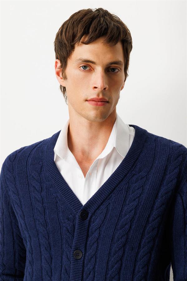 Erkek V Yaka Kalın Saç Örgülü Yün Ceket Y.A.Lacivert
