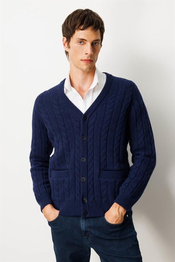 Erkek V Yaka Kalın Saç Örgülü Yün Ceket Y.A.Lacivert