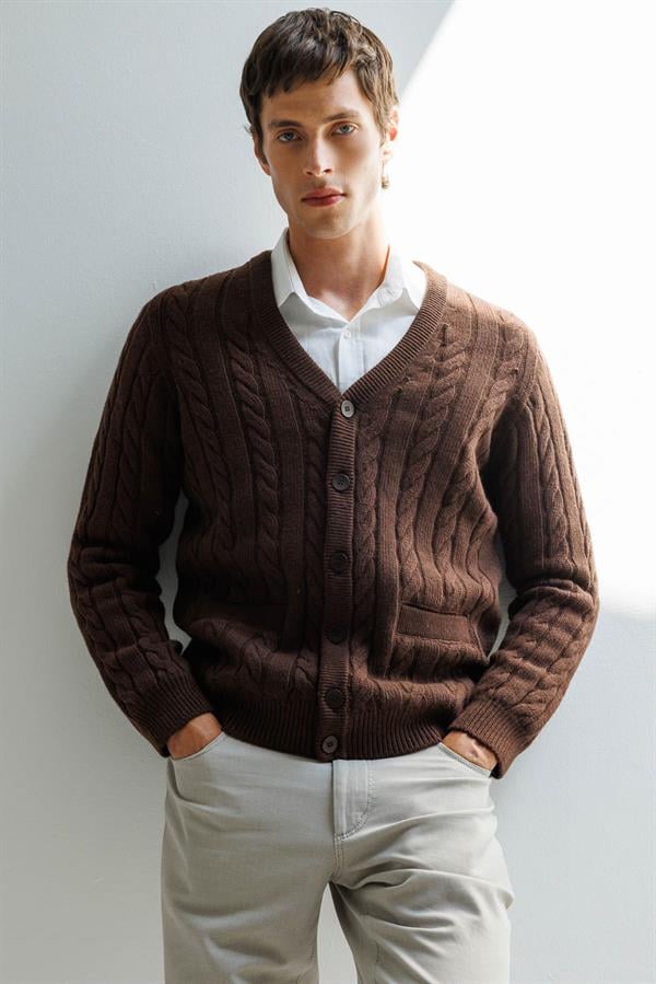 Erkek V Yaka Kalın Saç Örgülü Yün Ceket M.Kahve