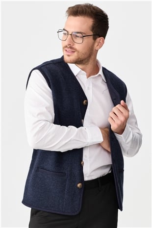 Мужской вязаный шерстяной жилет с бархатными вставками и V-образным вырезом темно синий