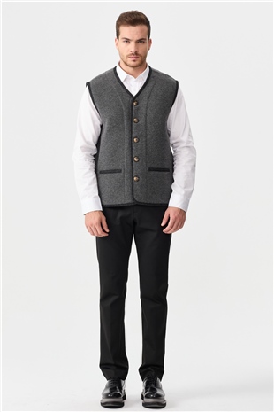 Мужской вязаный шерстяной жилет с бархатными вставками и V-образным вырезом дымчатый 