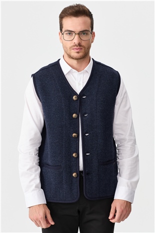 Мужской вязаный шерстяной жилет с бархатными вставками и V-образным вырезом темно синий