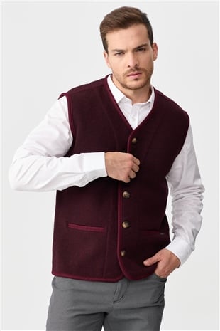 Мужской вязаный шерстяной жилет с бархатными вставками и V-образным вырезом бордовый 