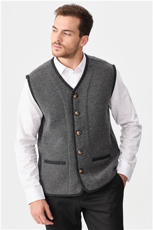 Мужской вязаный шерстяной жилет с бархатными вставками и V-образным вырезом дымчатый 